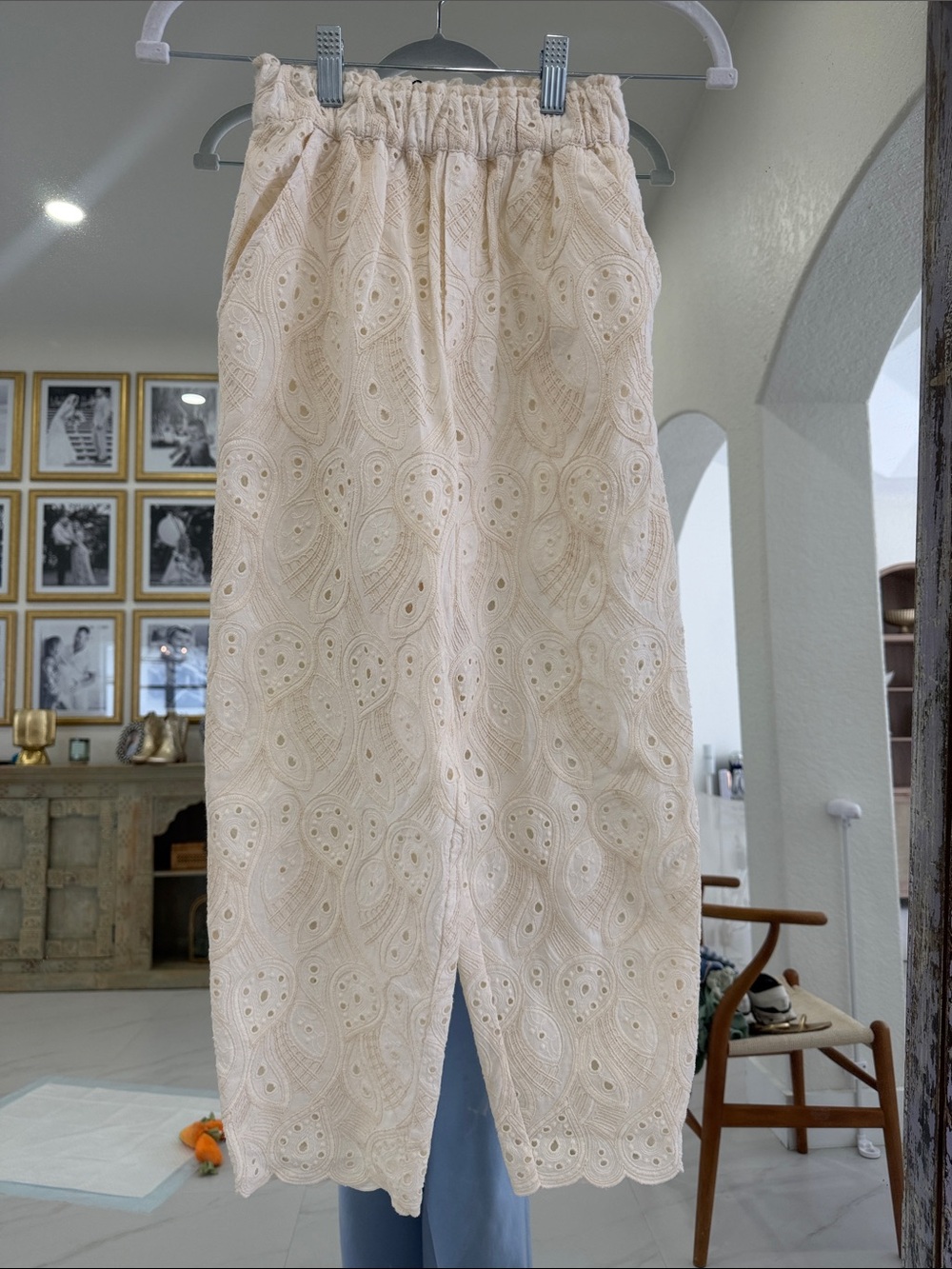 Zara Cream Eyelet Pants with Elastic Waist